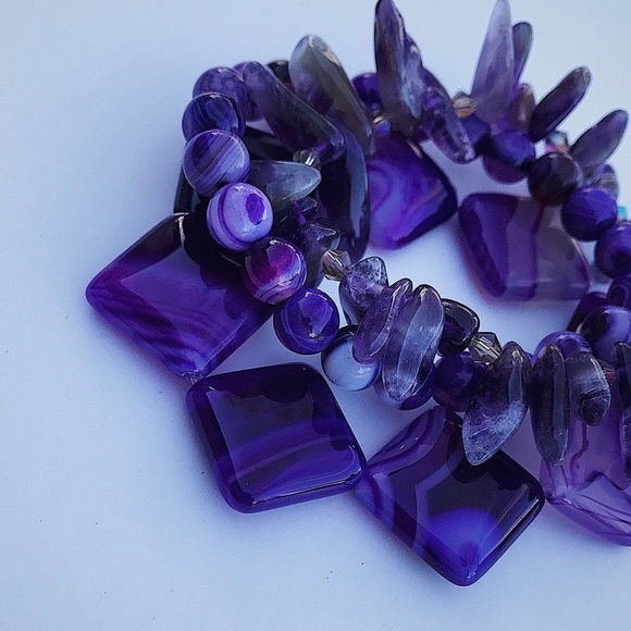 Natural Purple Striped Agate Gemstone Smooth Mixed Bead Bracelet Stack - Picture 7 of 7